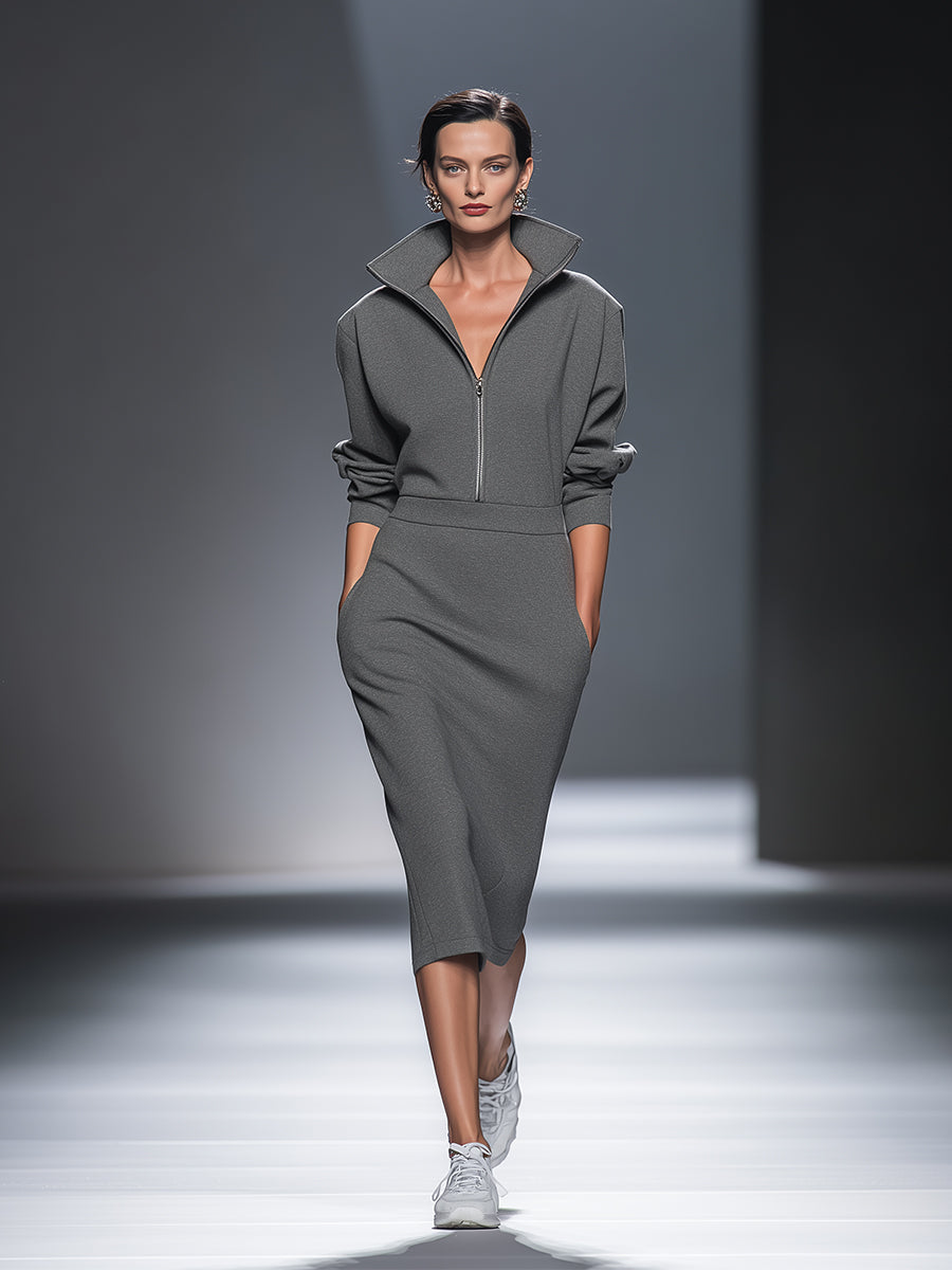 Women's Casual Cotton Polyester Half  Zip Midi Dress