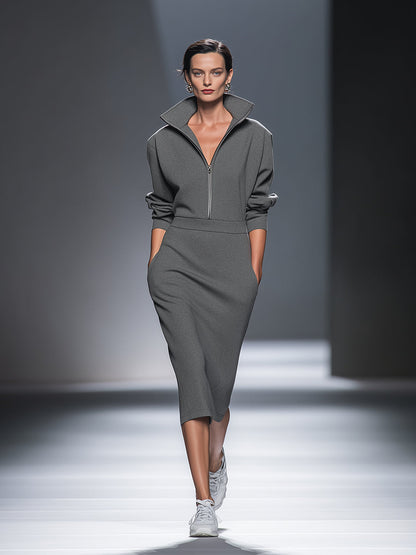Women's Casual Cotton Polyester Half  Zip Midi Dress
