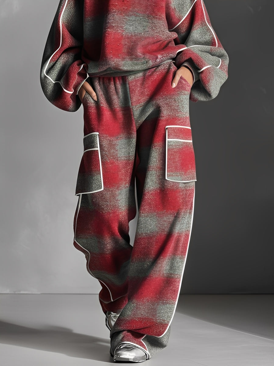 Women's Red And Gray Plaid Brushed Distressed Street Style Color-Blocked Piping Pantsuit Set