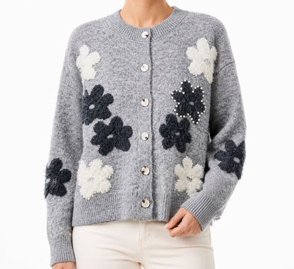 Women’s 3D Floral Wool Cardigan – Pearl-Embellished Button-Front Sweater for Early Fall