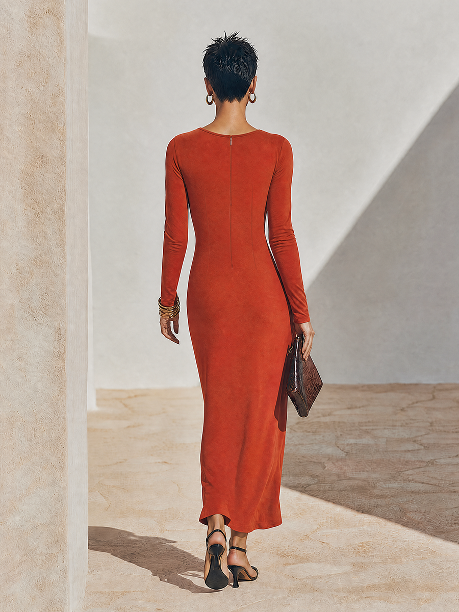 Women's Solid Rust-Red Asymmetric Ruched Long-Sleeve Maxi Dress