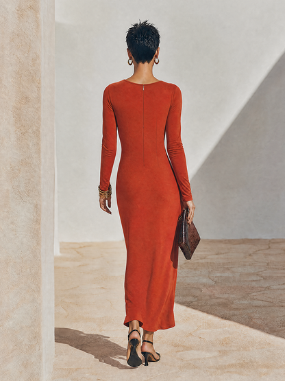 Women's Solid Rust-Red Asymmetric Ruched Long-Sleeve Maxi Dress