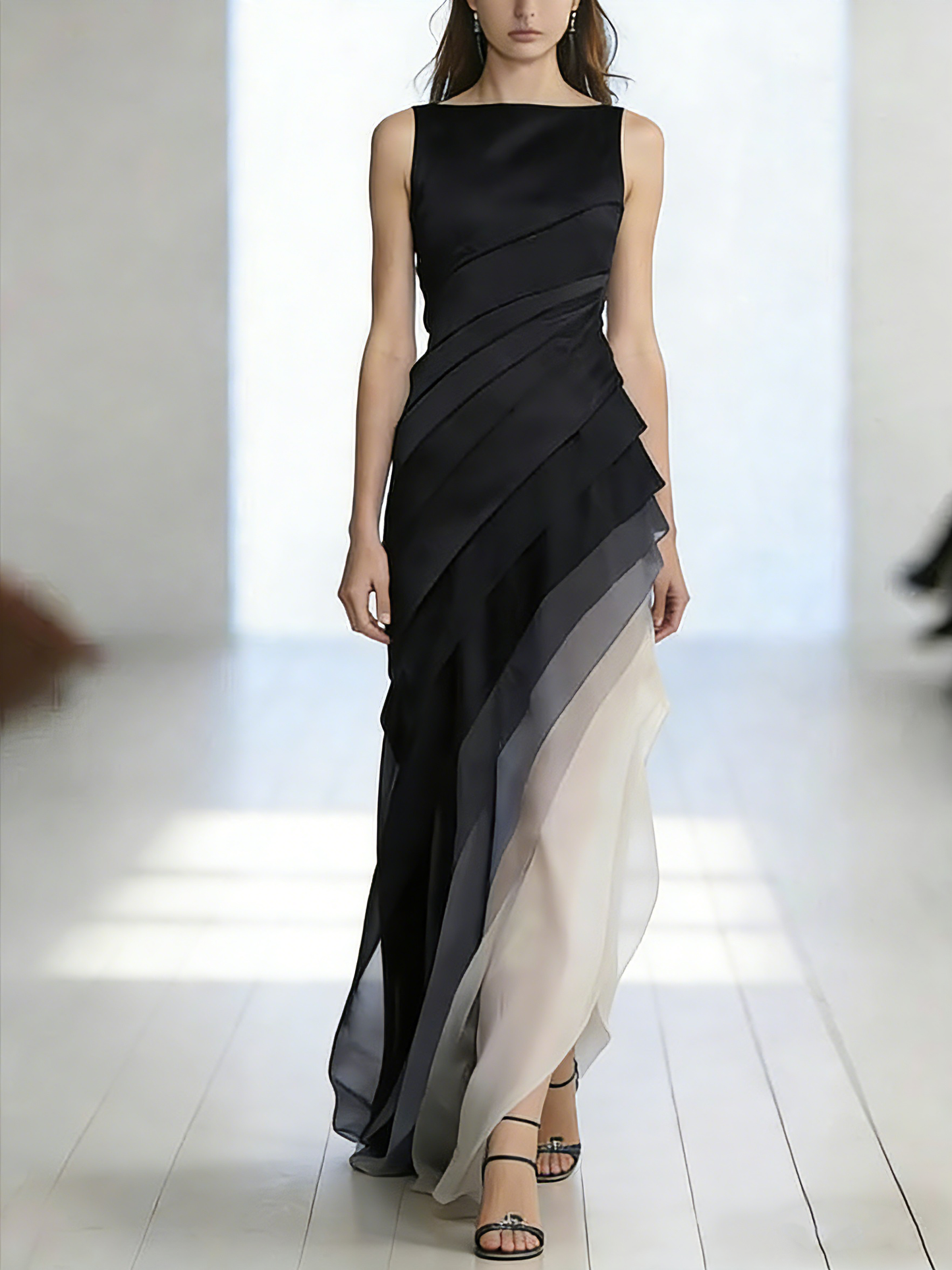French Blue High Waist Patchwork Tulle Maxi Dresses Sleeveless