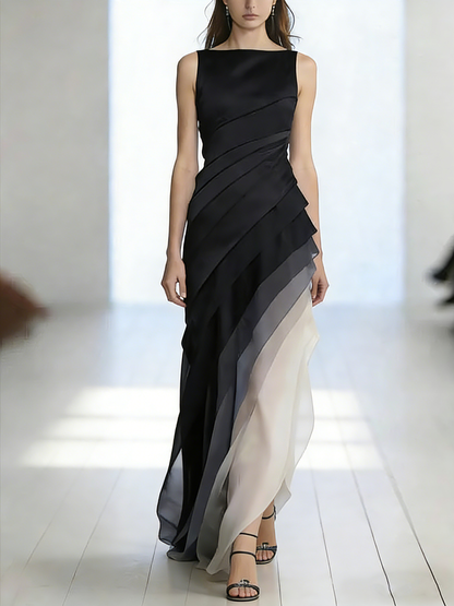 French Blue High Waist Patchwork Tulle Maxi Dresses Sleeveless