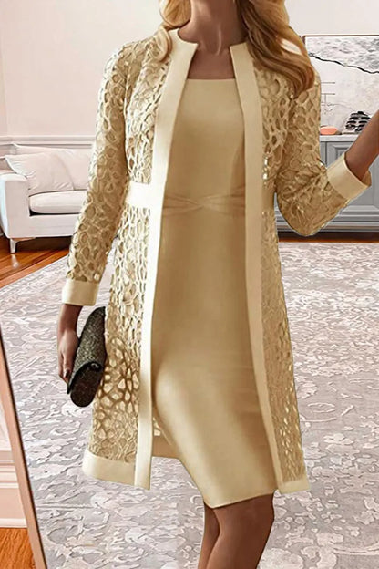 Champagne Elegant Solid Lace Hollowed Out Long Sleeve Two Pieces Dress(8 Colors)
