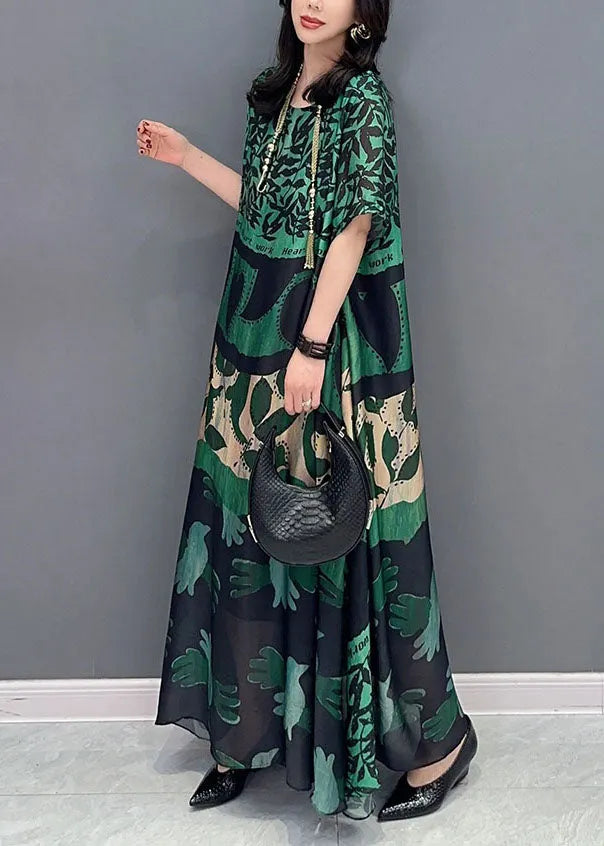 Bohemian Green O Neck Pockets Print Patchwork Silk Long Dresses Summer