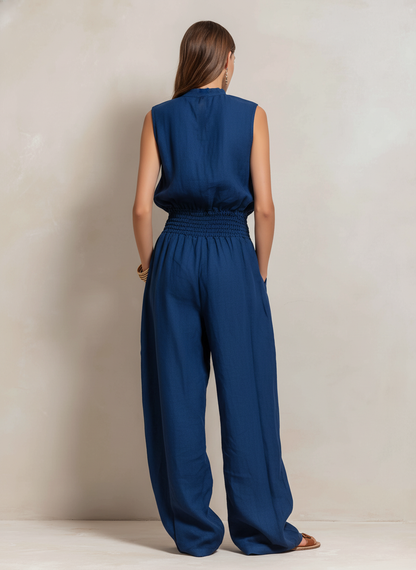 Women's Elegant Dark Blue Cotton-Linen Sleeveless Jumpsuit With Round Neck