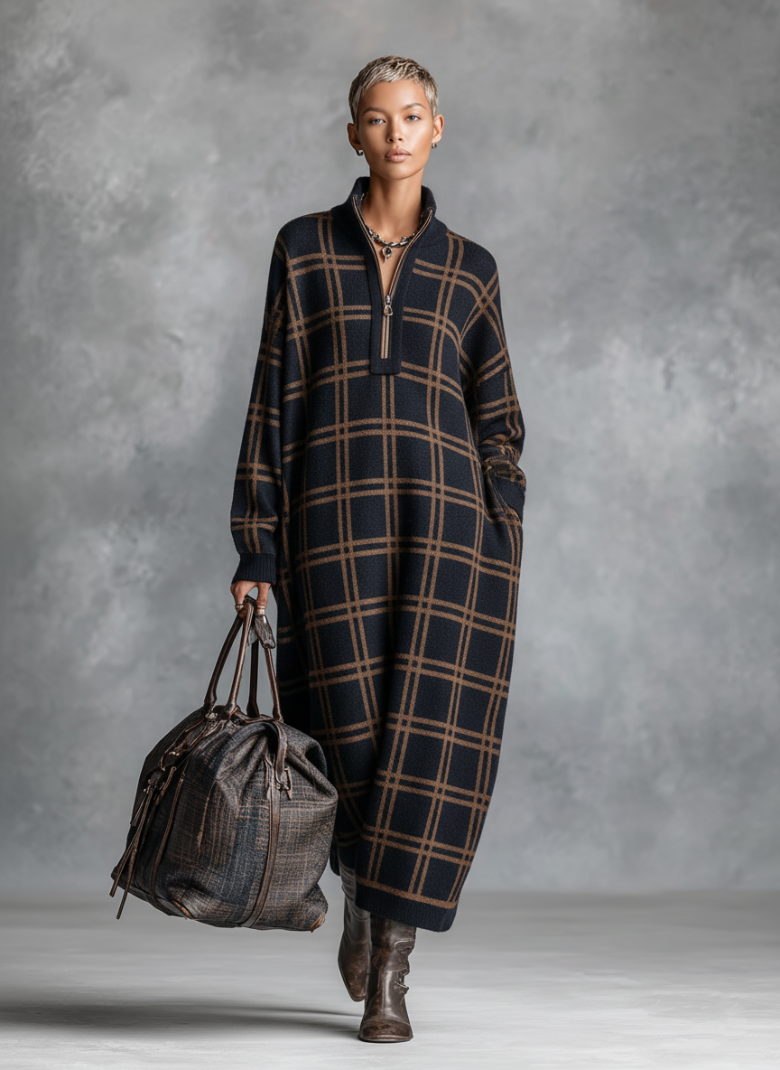 Women's Loose Plaid Zipper Neck Knitted Maxi Dress