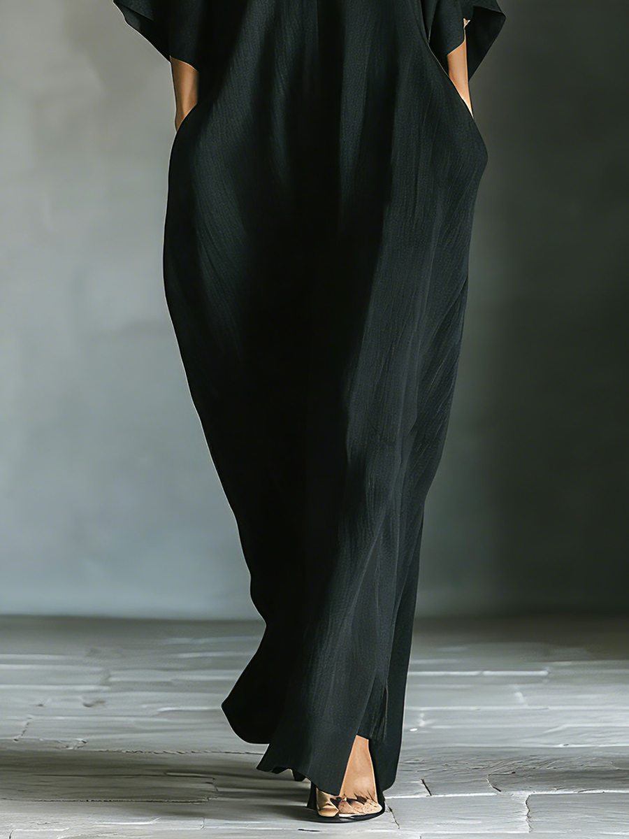 Women's Black Cotton Blend Fabric Oversized Kimono-Sleeve Maxi Dress With Pockets