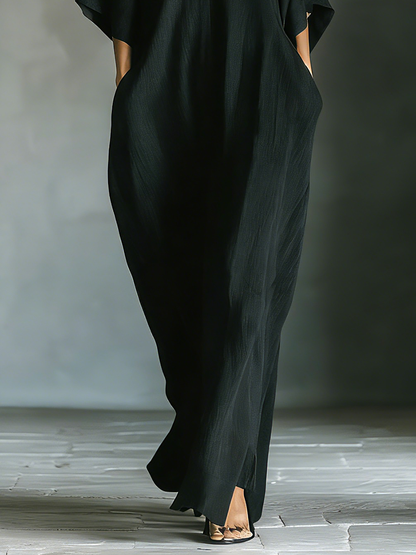 Women's Black Cotton Blend Fabric Oversized Kimono-Sleeve Maxi Dress With Pockets
