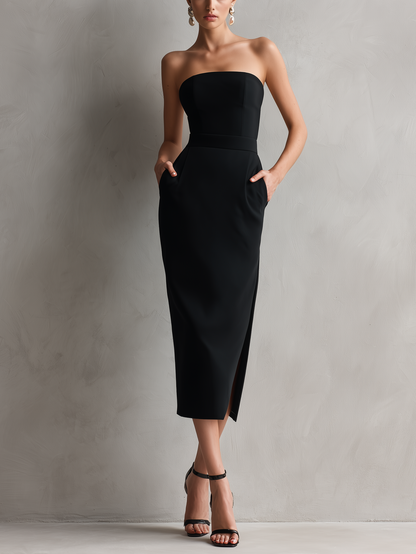 Women's Elegant Black Stretch Strapless Bodycon Midi Dress