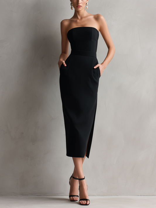 Women's Elegant Black Stretch Strapless Bodycon Midi Dress