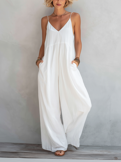Women's Casual White Cotton-linen Blend Sleeveless Loose Jumpsuit