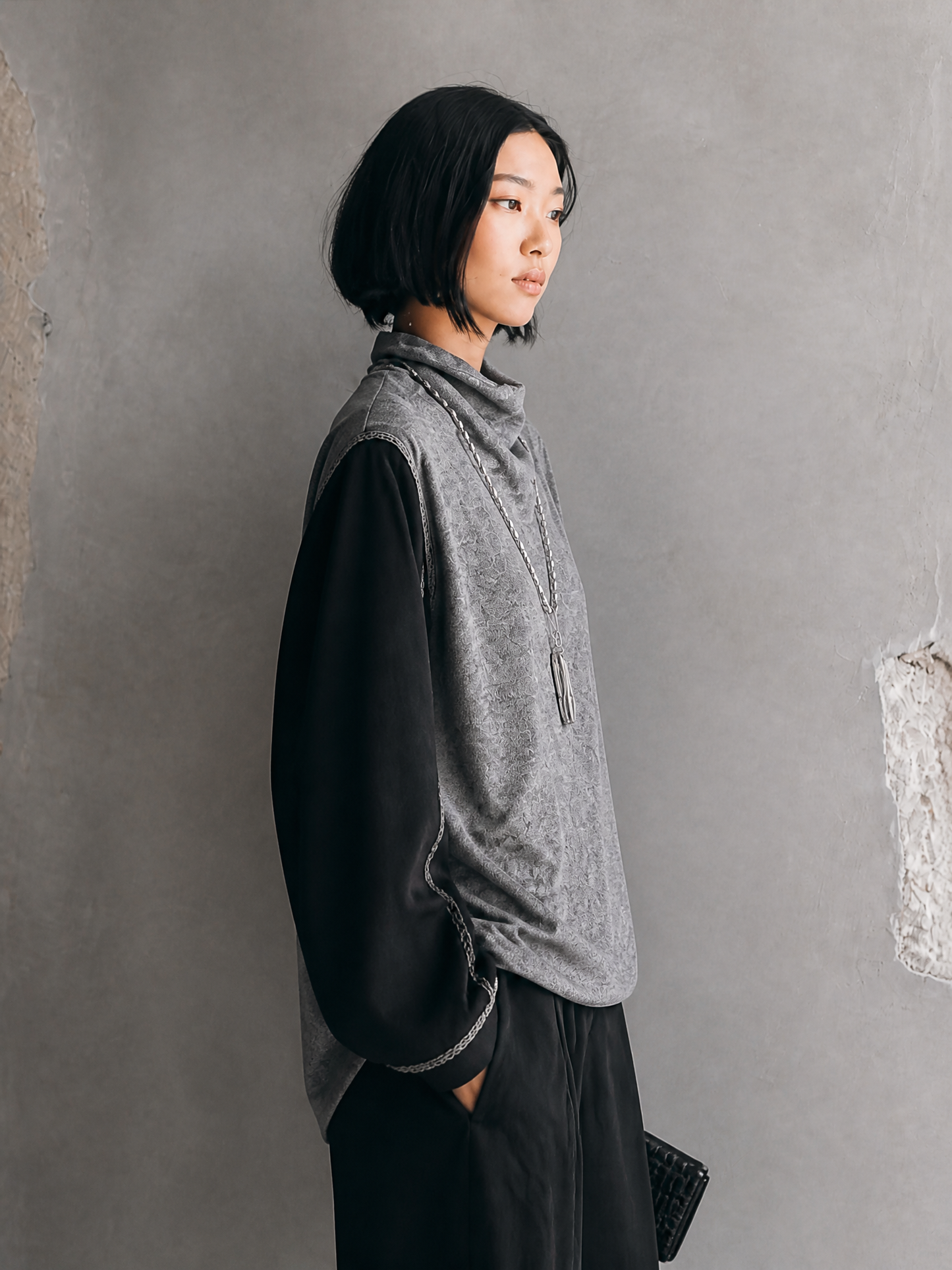 Women's Casual Knit-Panelled Funnel-Neck Top