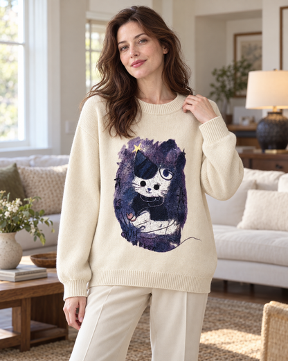Women's Cat Graphic Wool Sweater – Relaxed Crewneck Knit Pullover