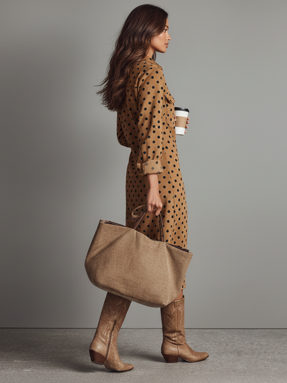 Women's Polka Dot Faux Suede Shirt Midi Dress