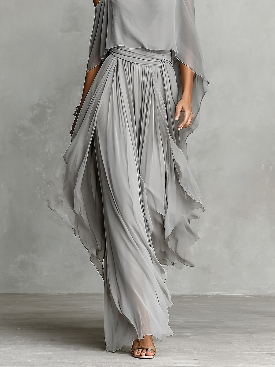 Women's Grey Breathable Chiffon Set With Cold-Shoulder Detail & Flared Silhouette, Contemporary Luxury-Feminine Style Set