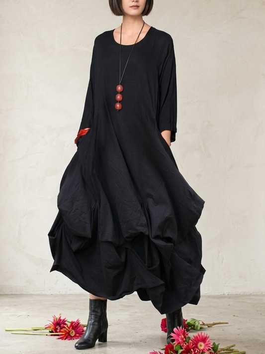 Solid Round Neck Slouchy Asymmetrical Hem Midi Dress