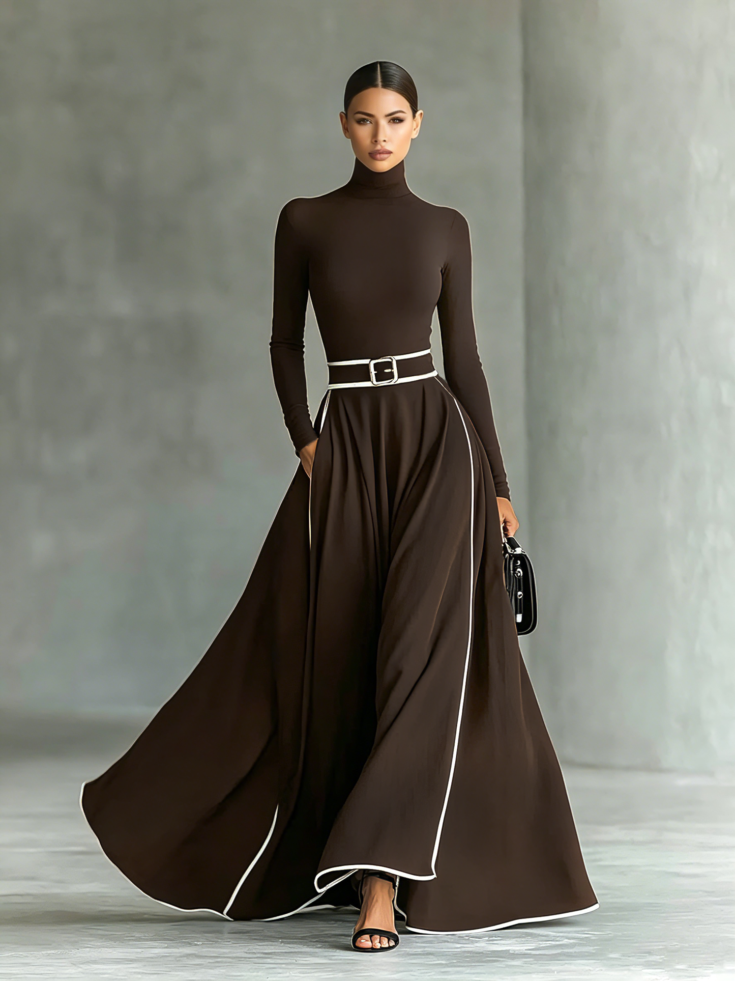 Women's Black Stitching White Trim High Collar Long Sleeve Tight Belt Maxi Dress
