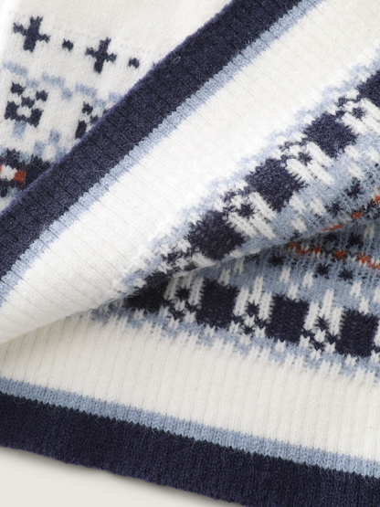 Women's Hooded Wool Cardigan – White Fair Isle Button-Up Knit Sweater