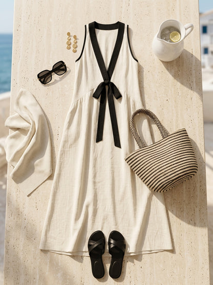 Casual Loose White V Neck Patchwork Cotton Dresses Sleeveless