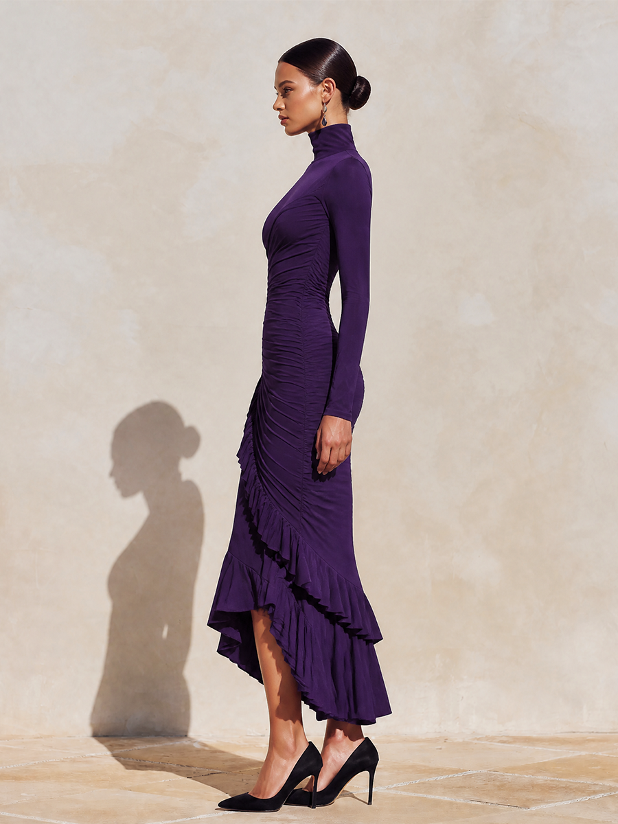 Women's Evening Ruched Ruffle Turtleneck Midi Dress