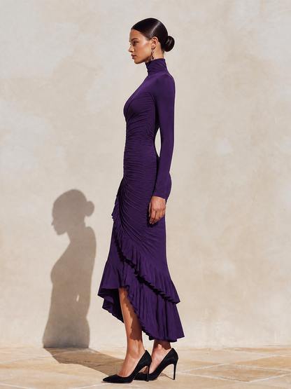 Women's Evening Ruched Ruffle Turtleneck Midi Dress