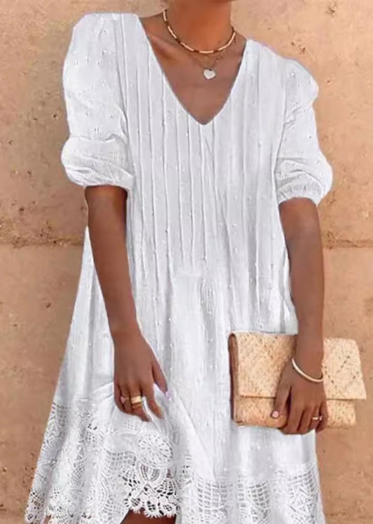 Plus Size White V Neck Lace Patchwork Cotton Dress Summer
