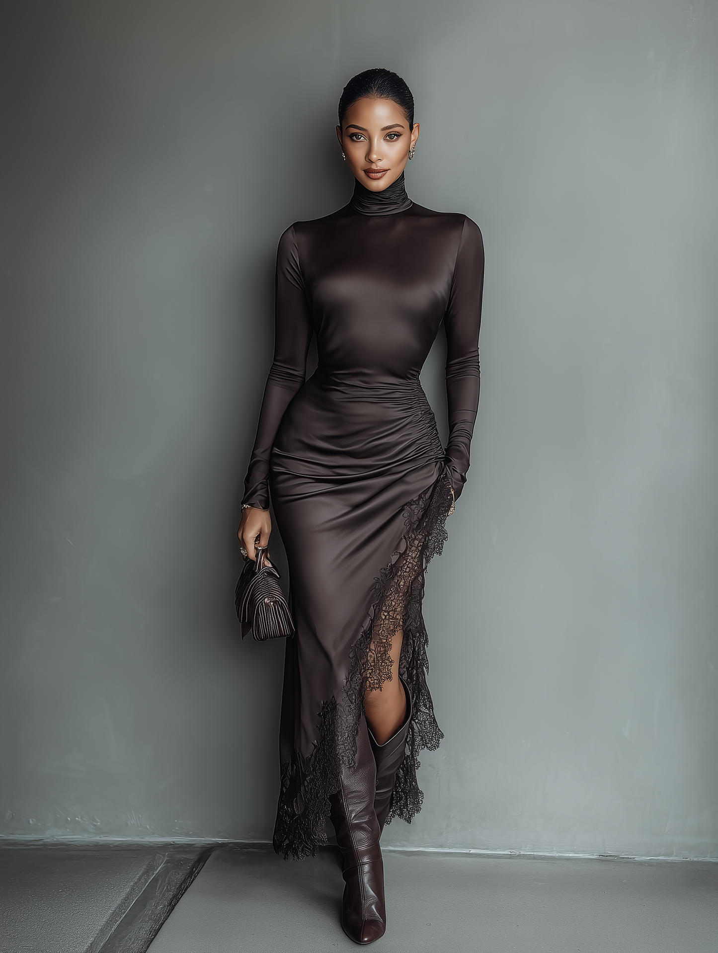 Women's Dark Brown Satin Irregular Hem Lace Slim Maxi Dress
