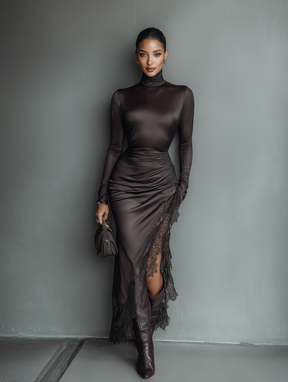 Women's Dark Brown Satin Irregular Hem Lace Slim Maxi Dress