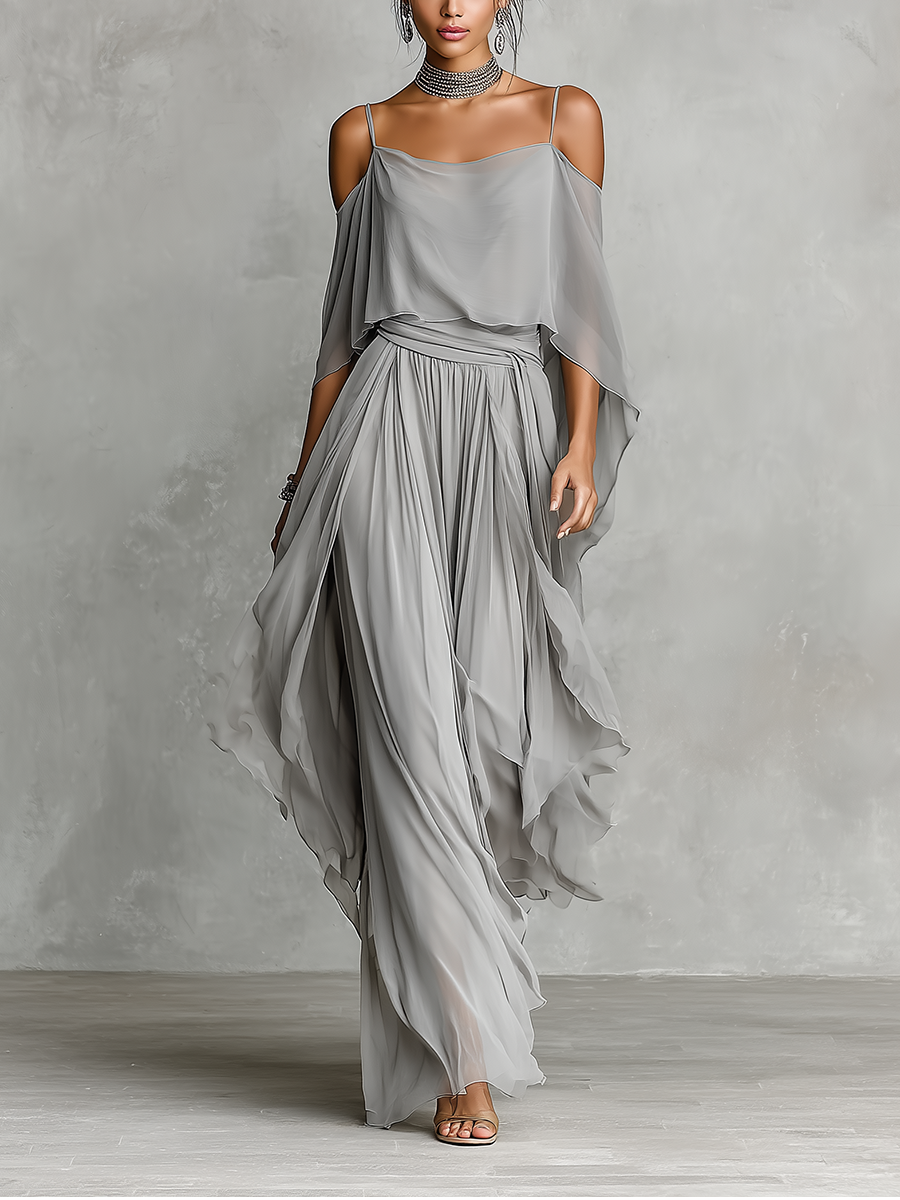 Women's Grey Breathable Chiffon Set With Cold-Shoulder Detail & Flared Silhouette, Contemporary Luxury-Feminine Style Set