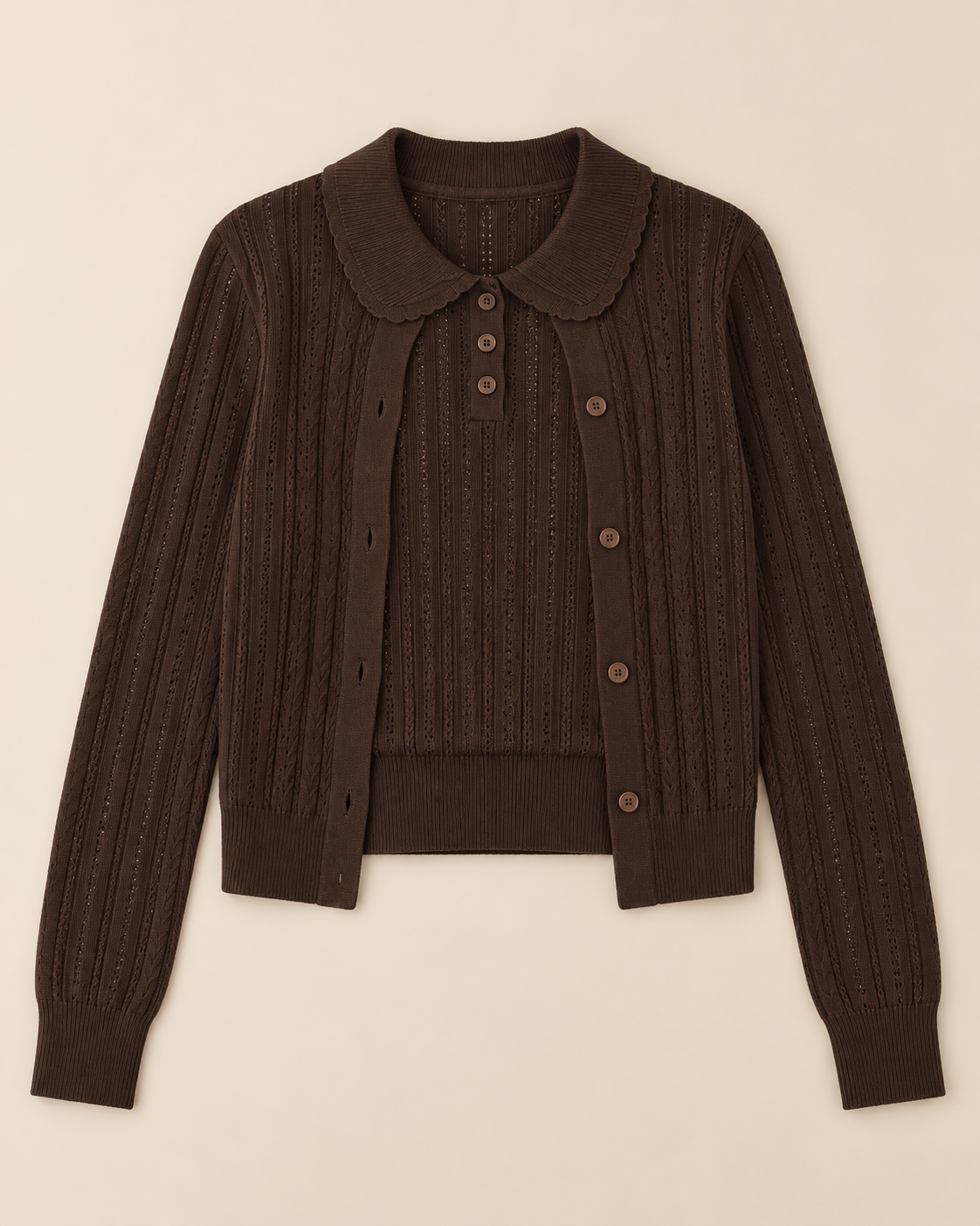 Women's Wool Cardigan and Top Set – Two-Piece Pointelle Knit Twinset