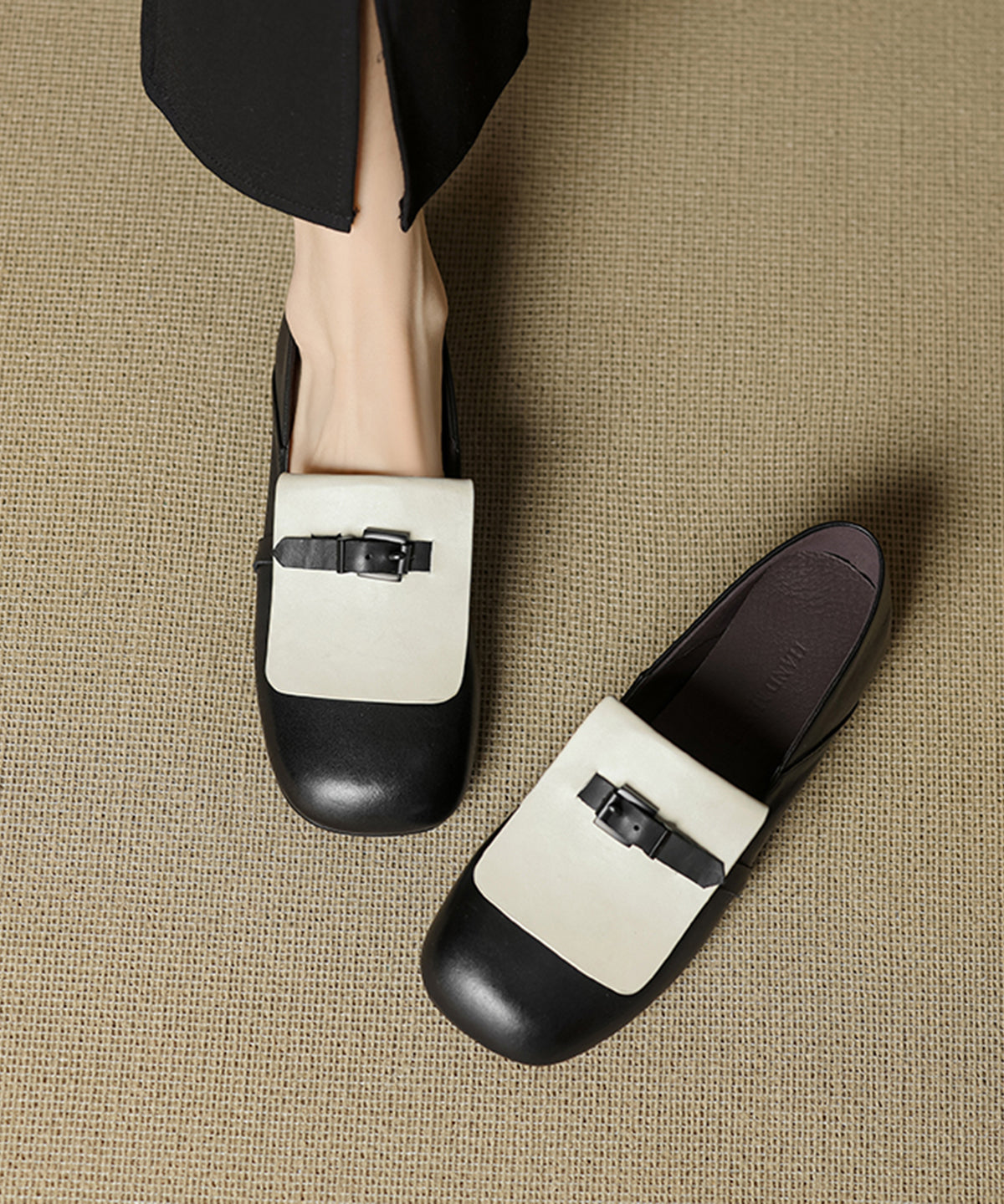 Beige Cowhide Leather Splicing Loafers