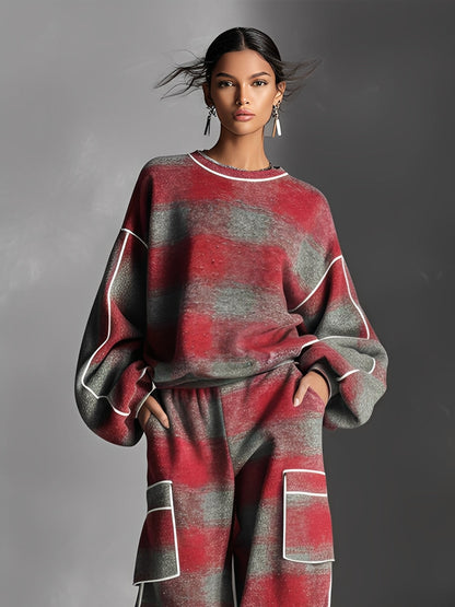 Women's Red And Gray Plaid Brushed Distressed Street Style Color-Blocked Piping Pantsuit Set