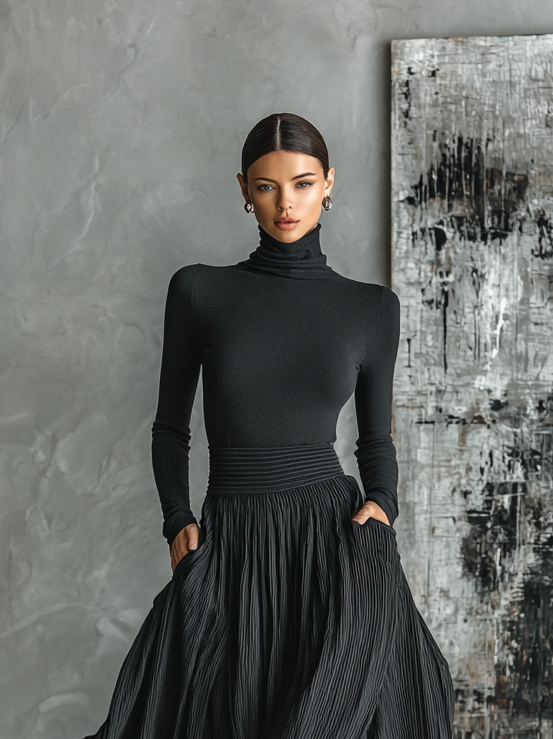 Women's Fashion All Black Skinny Turtleneck T-shirt Pleated Skirt Set