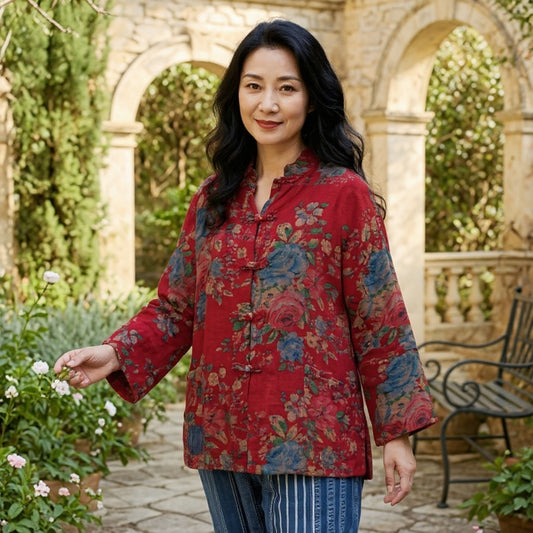 Chinese Style Red Print Pockets Button Patchwork Cotton Coats Long Sleeve