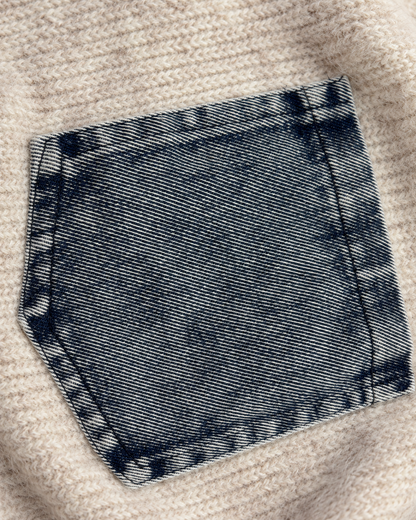 Women's Denim Trim Wool Cardigan – Collared Button-Front Knit Sweater