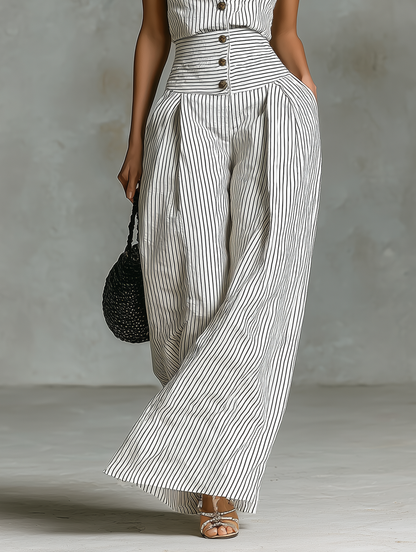 Women's Minimalist Striped Linen Sleeveless Single-Breasted Jumpsuit