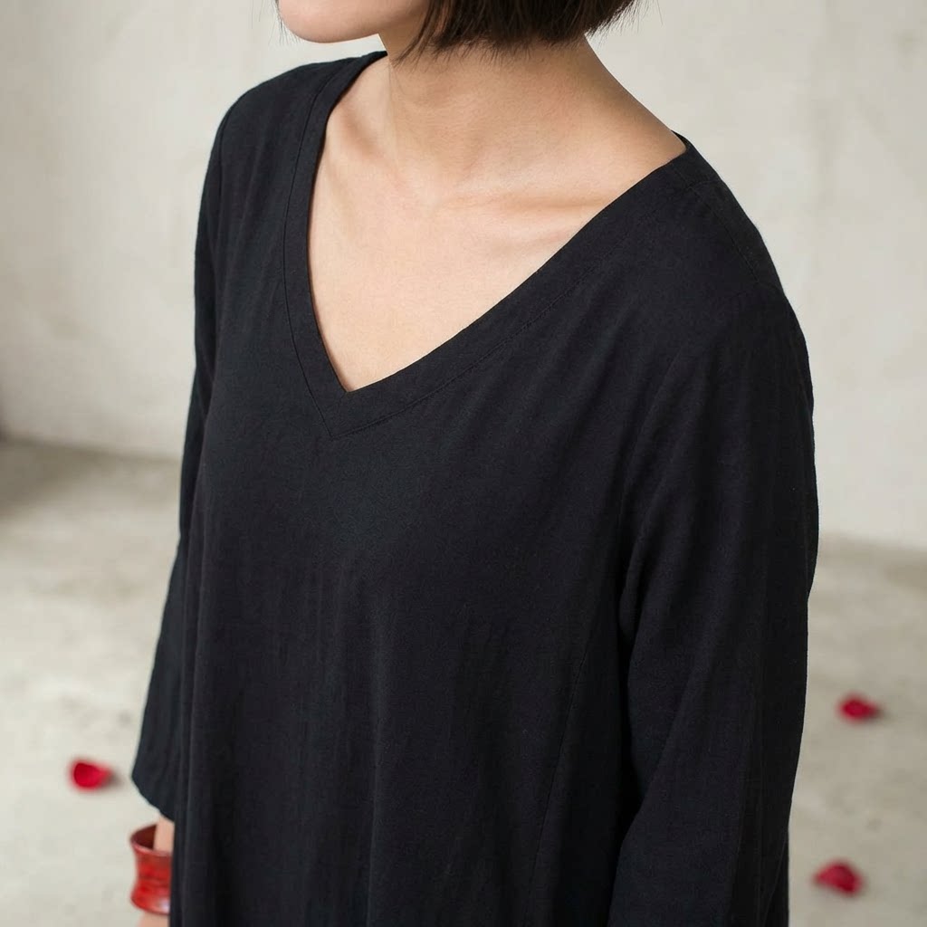 Solid Round Neck Slouchy Asymmetrical Hem Midi Dress