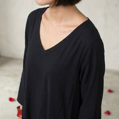 Solid Round Neck Slouchy Asymmetrical Hem Midi Dress
