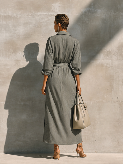 Women's Grey White Vertical Stripe Cotton Blend Collared Wrap Tie Waist Side Pocket Maxi Shirt Dress