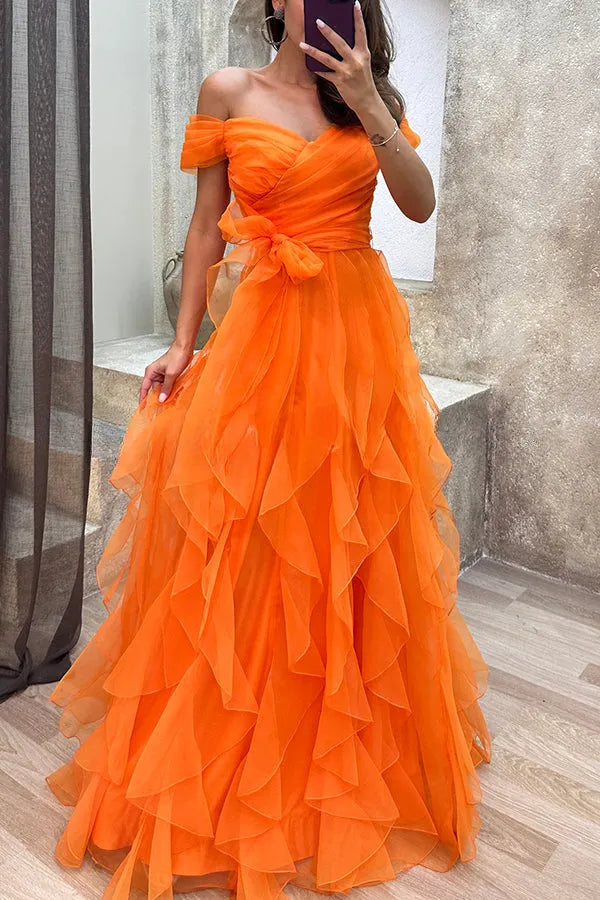 Ship in 24 hours!/ Pretty First Impression Tulle Off Shoulder Tiered Ruffle Evening Maxi Dress Grey