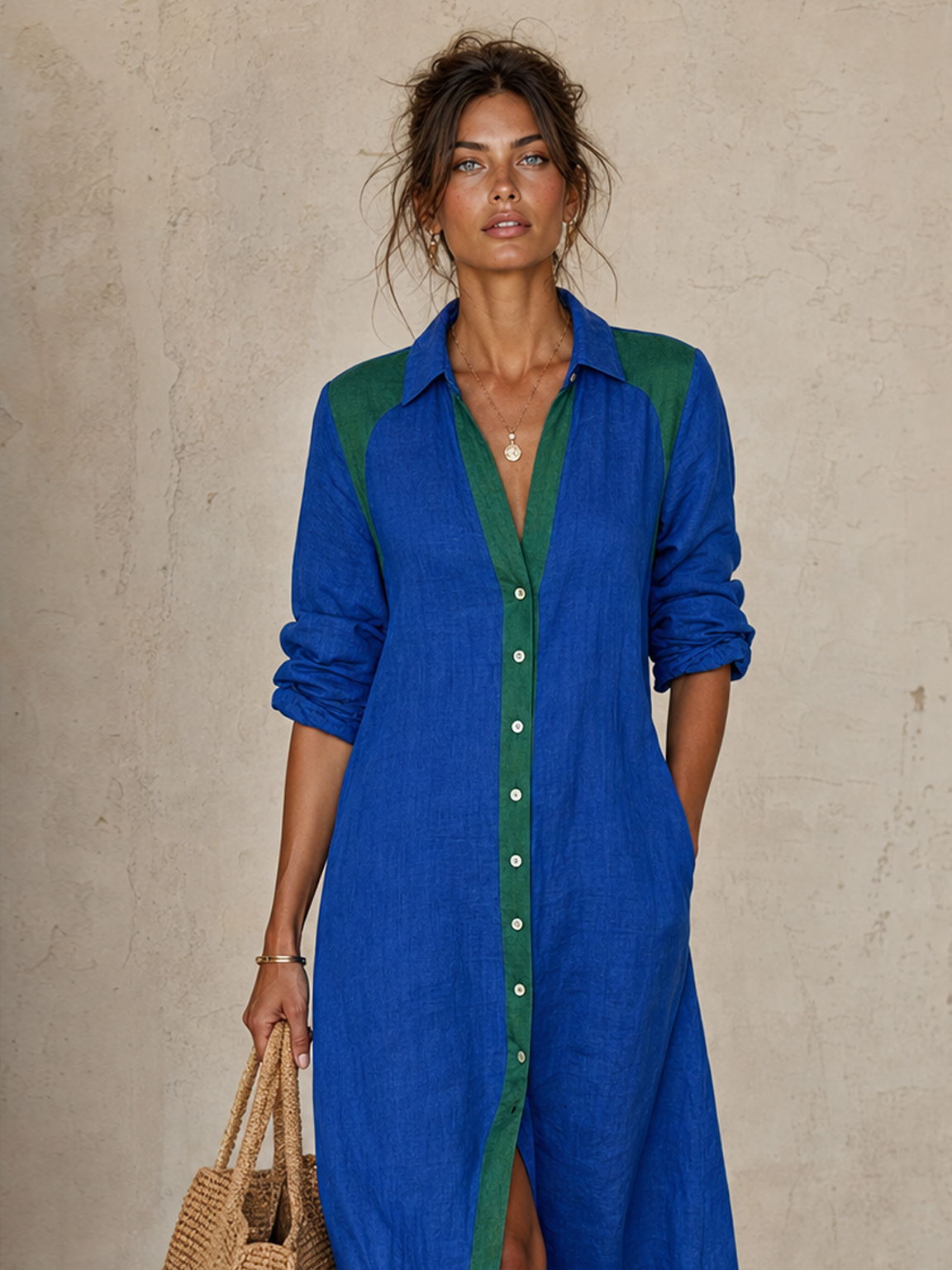 Women's Minimalist Color-Block Single-Breasted Long-Sleeve Midi Shirt Dress