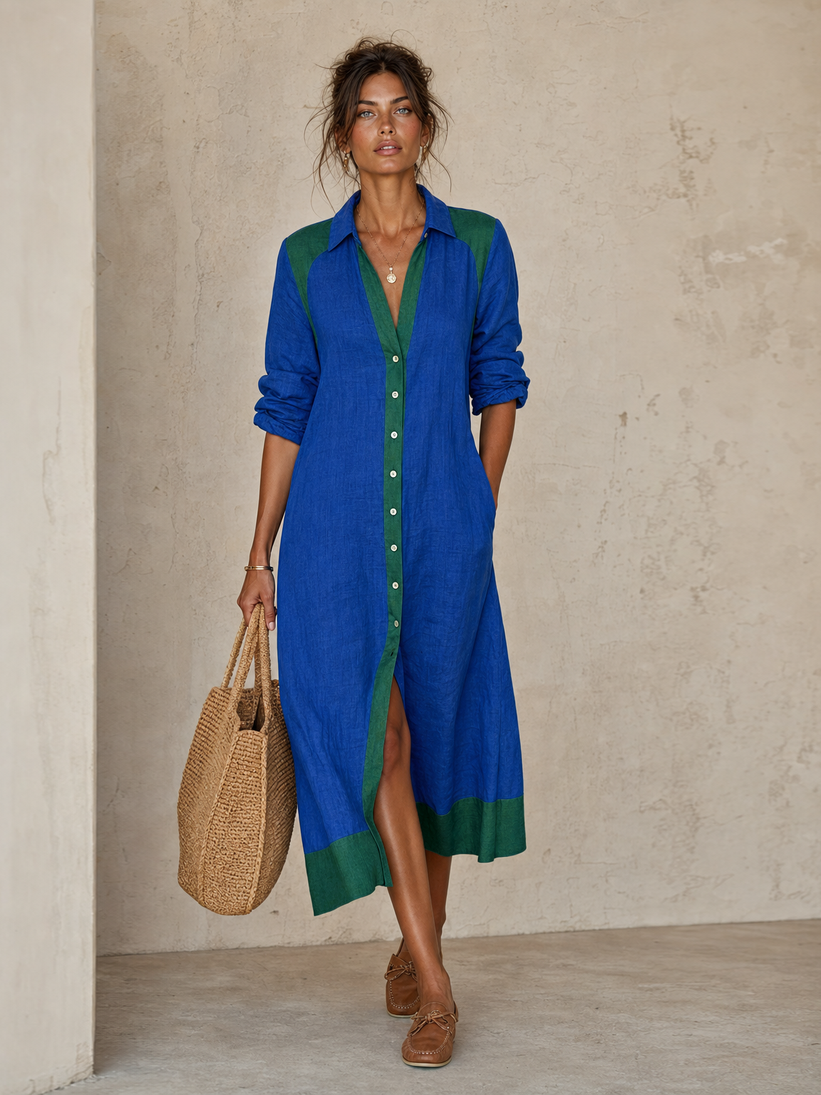 Women's Minimalist Color-Block Single-Breasted Long-Sleeve Midi Shirt Dress