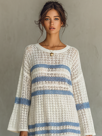 Women's Vacation Style Openwork Knit Striped Mini Dress