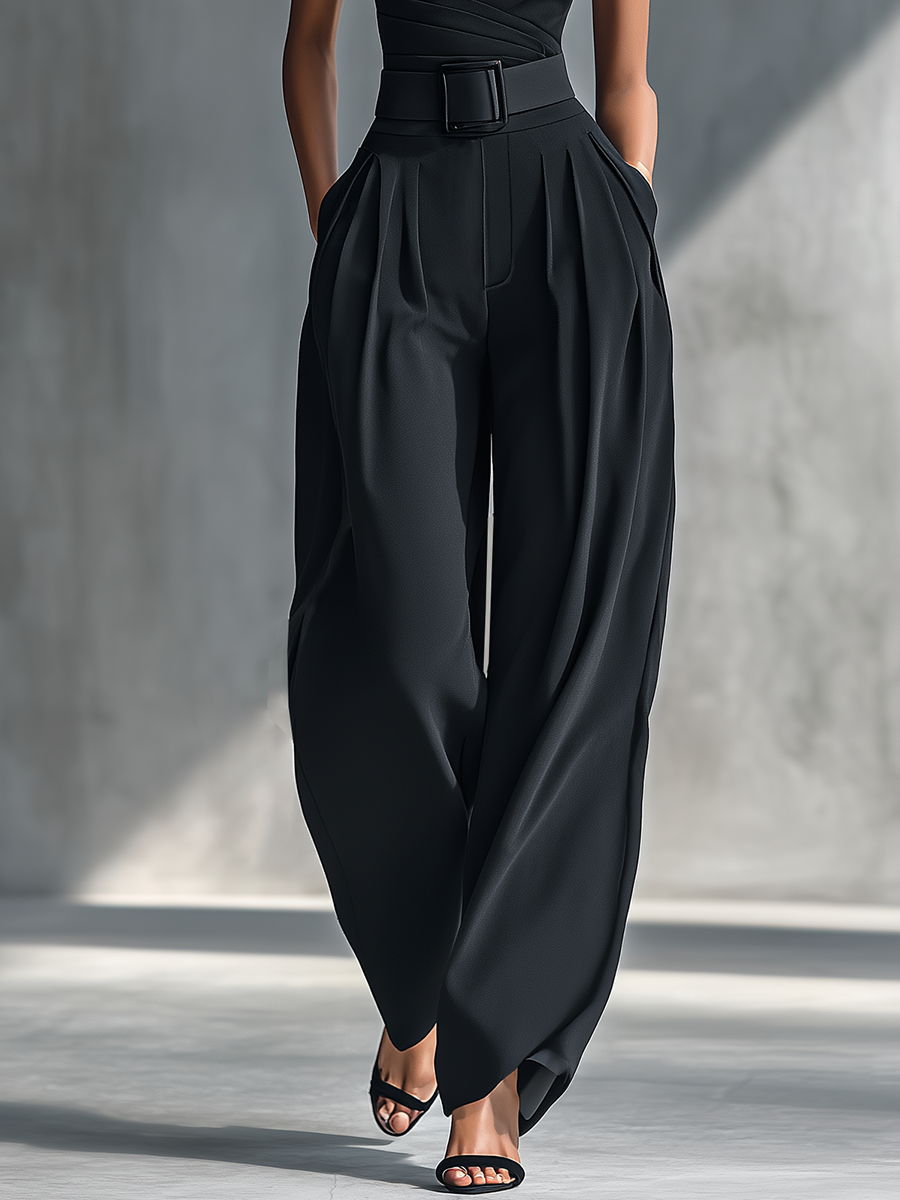 Women's Black High-elastic Knit Top And Acetate Wide-leg Pants