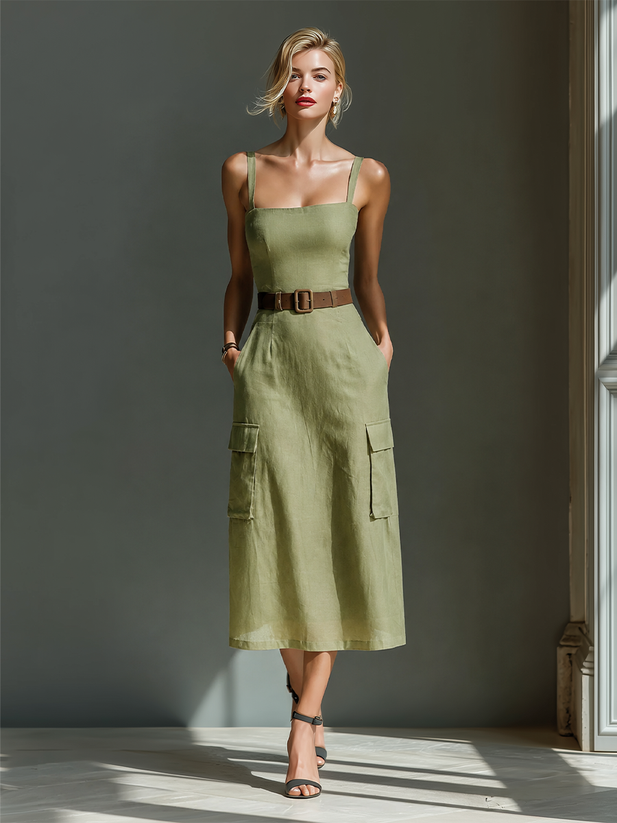 Women's Olive Green Linen Fabric Sleeveless Midi Dress With Cargo Pockets & Belted Waist