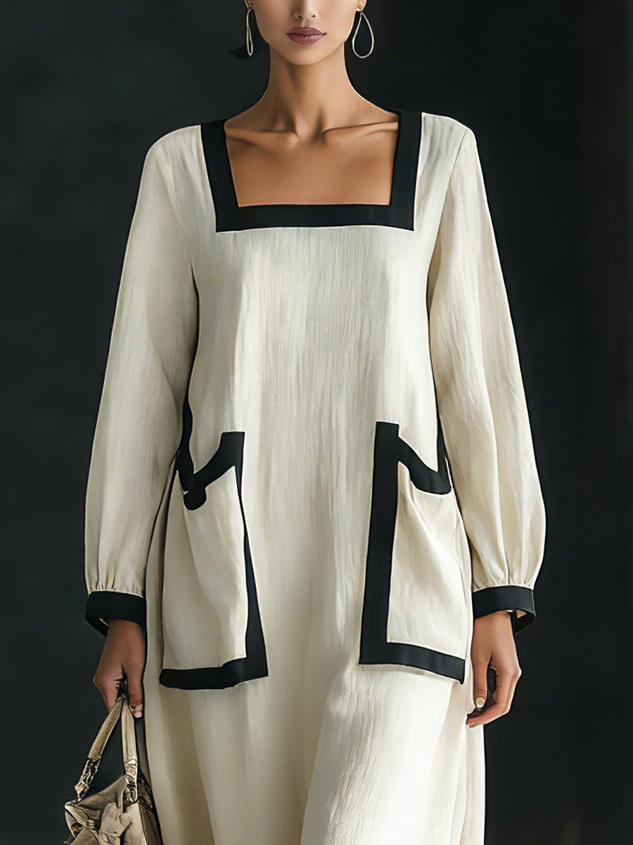 Women's Beige Cotton And Linen Blend Square-Neck Maxi Dress With Black Trim & Oversized Pockets