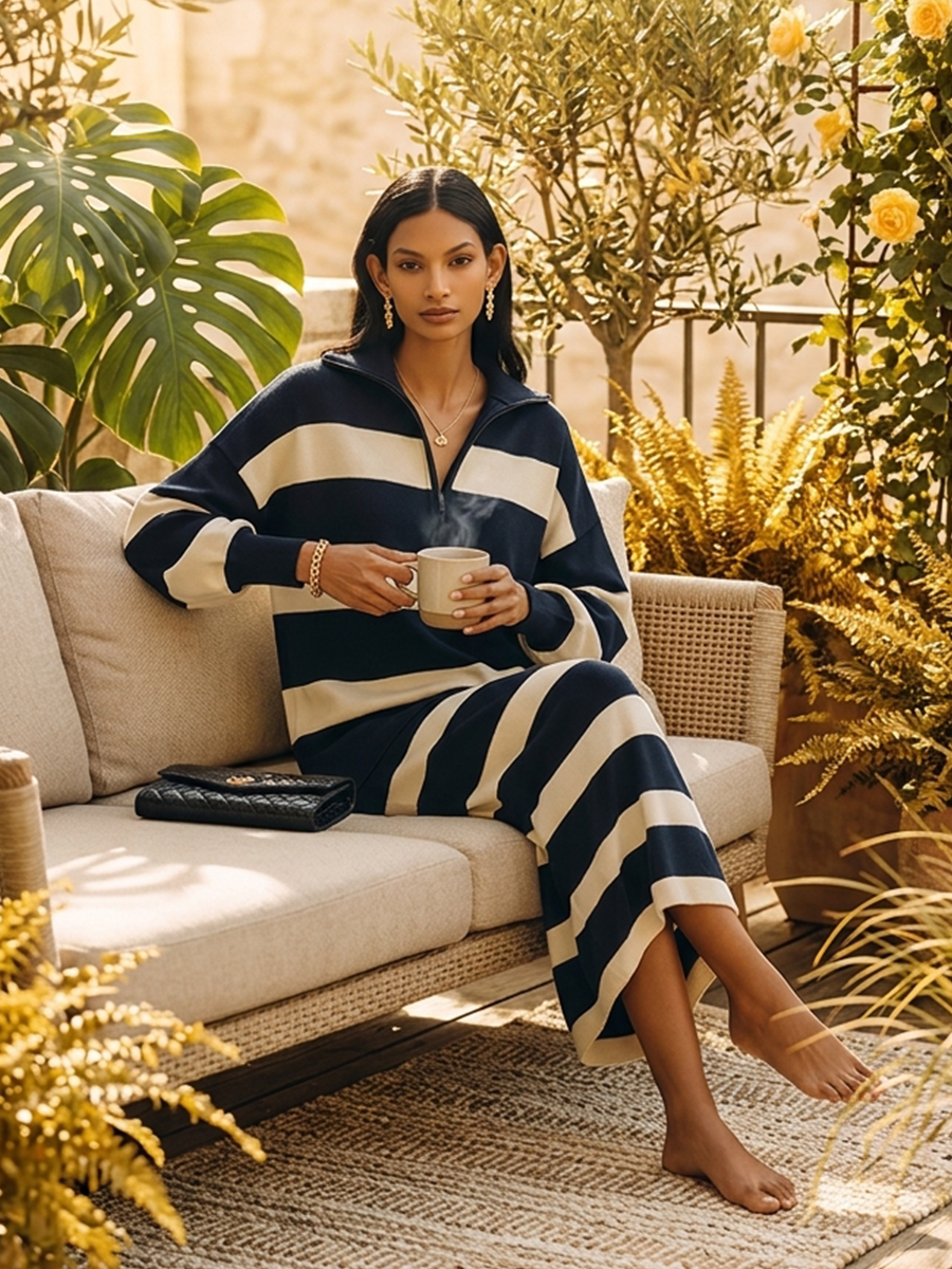 Women's Color-Block Striped Cotton-Blend Half-Zip Top & Midi Skirt Two-Piece Set