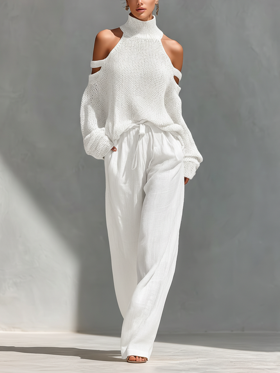 Women's Beige Knit Fabric Cold-Shoulder Turtleneck Top & Wide-Leg Pants Set